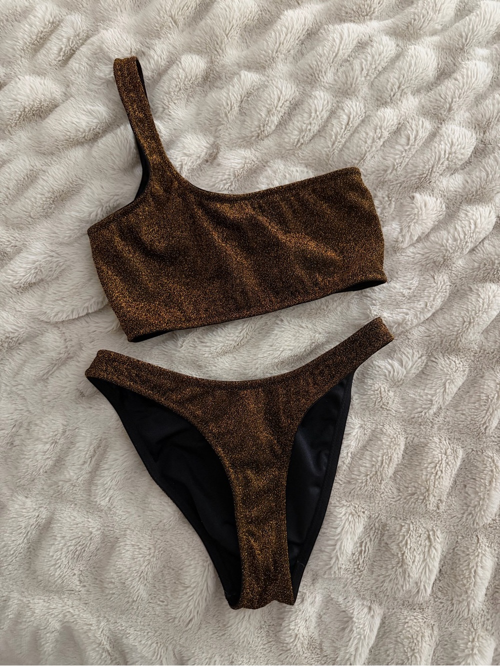 Traingl One-Shoulder Metallic Gold Bikini Set